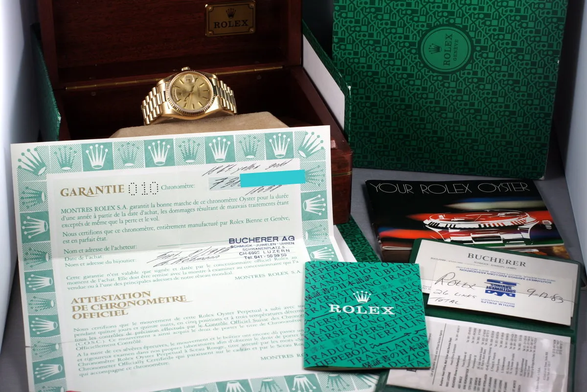 1982 Rolex YG Day Date 18038 with Box and Papers