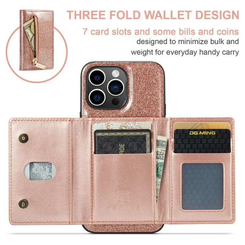 2 in 1 Glitter Shiny Bling Sparkle PU Leather Wallet Phone Case Detachable Card Holder with Kickstand For iPhone