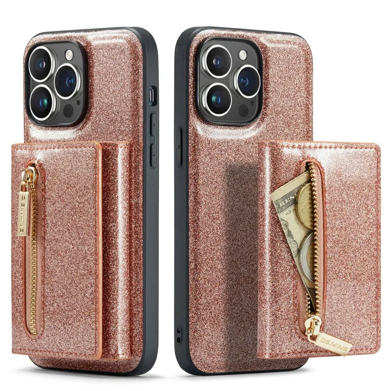 2 in 1 Glitter Shiny Bling Sparkle PU Leather Wallet Phone Case Detachable Card Holder with Kickstand For iPhone