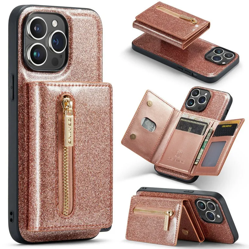 2 in 1 Glitter Shiny Bling Sparkle PU Leather Wallet Phone Case Detachable Card Holder with Kickstand For iPhone