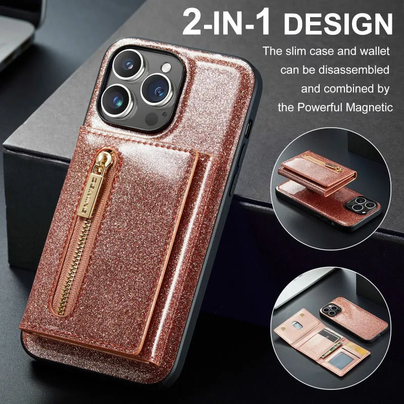 2 in 1 Glitter Shiny Bling Sparkle PU Leather Wallet Phone Case Detachable Card Holder with Kickstand For iPhone