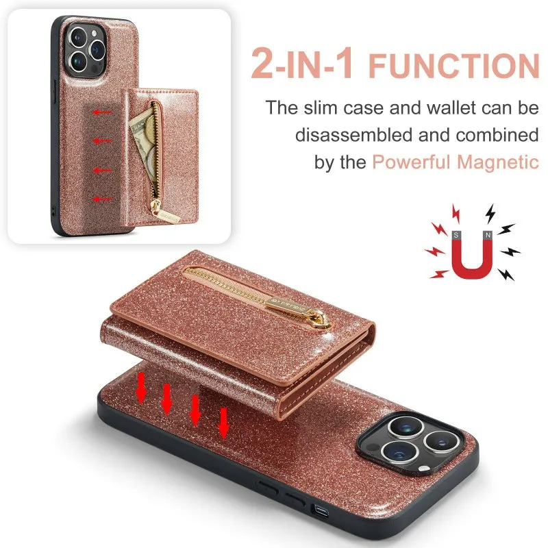 2 in 1 Glitter Shiny Bling Sparkle PU Leather Wallet Phone Case Detachable Card Holder with Kickstand For iPhone