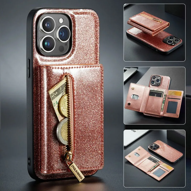 2 in 1 Glitter Shiny Bling Sparkle PU Leather Wallet Phone Case Detachable Card Holder with Kickstand For iPhone