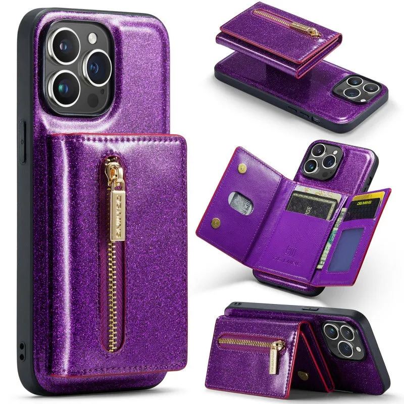 2 in 1 Glitter Shiny Bling Sparkle PU Leather Wallet Phone Case Detachable Card Holder with Kickstand For iPhone