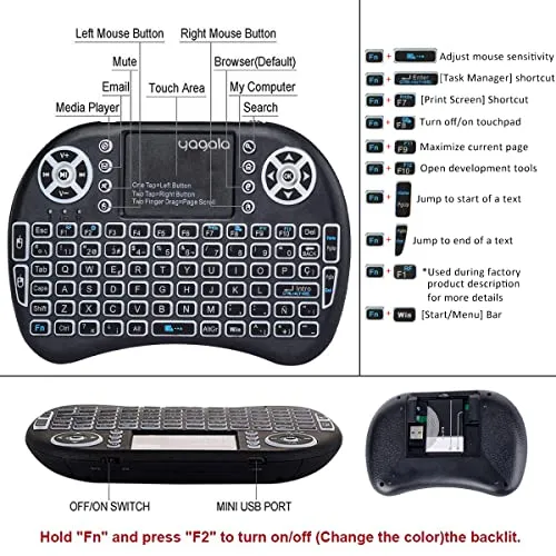 2.4GHz Backlit Mini Keyboard Touchpad Mouse, Mini Wireless Keyboard with Touchpad and Multimedia Keys for Android TV Box Smart TV HTPC PS3 Smart Phone Tablet Mac Linux Windows OS (7 Colors)