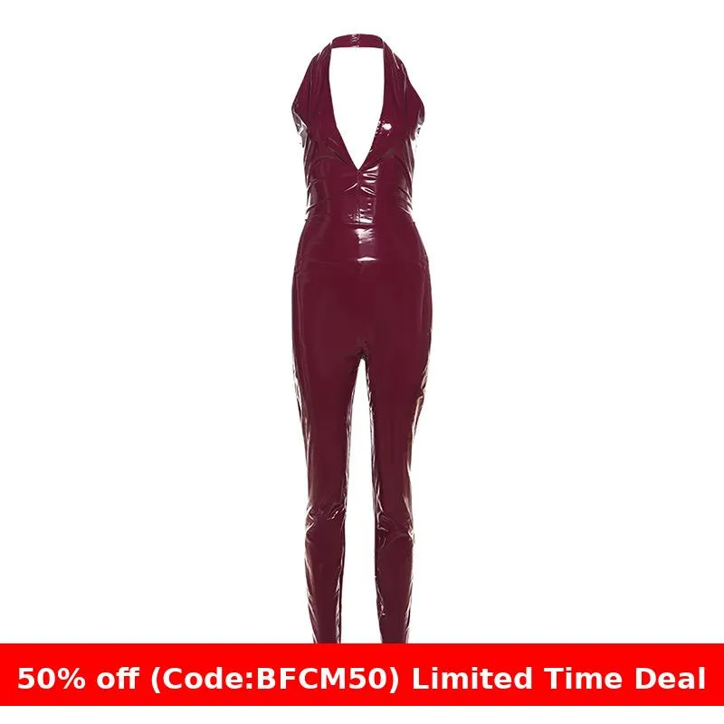 Amozae winter outfits men 2024 Autumn and Winter Women's Sexy Halter Backless Sling High Waist Zipper Slim Trousers PU Leather Suit