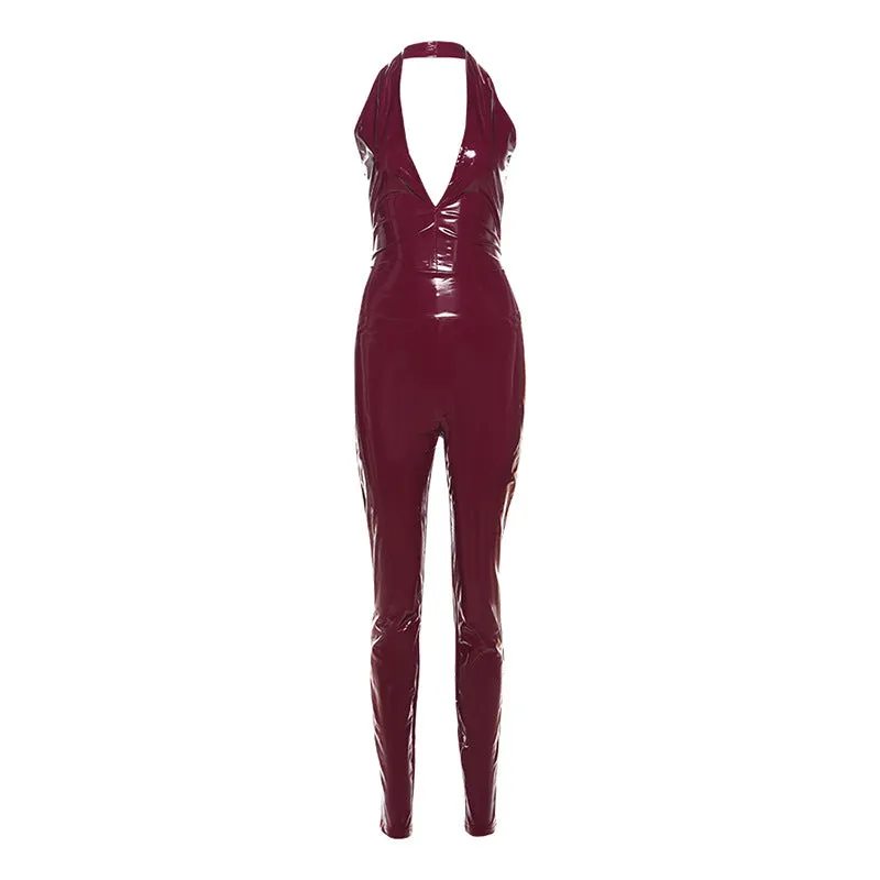 Amozae winter outfits men 2024 Autumn and Winter Women's Sexy Halter Backless Sling High Waist Zipper Slim Trousers PU Leather Suit