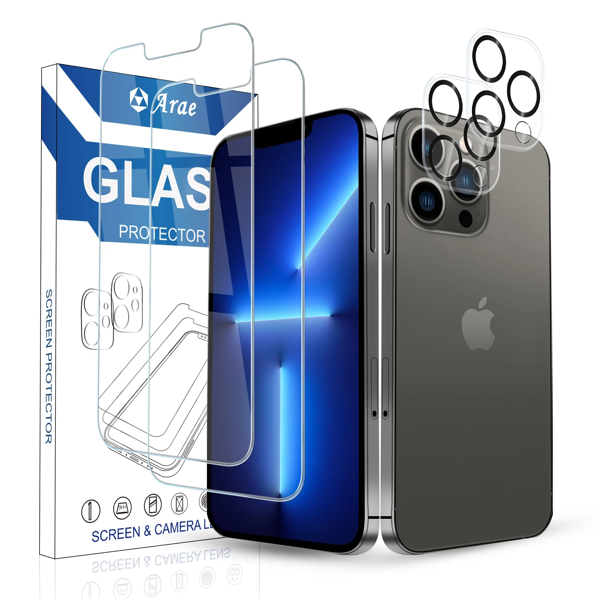 Arae 2 Pack Screen Protector  Screen Protector for iPhone 13/ 13 Pro and Pro Max   2 Pack Camera Lens Protector, HD Tempered Glass Anti Scratch Work with Most Case - 3 Pack