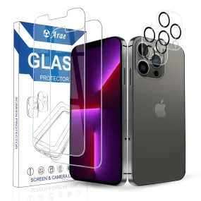 Arae 2 Pack Screen Protector  Screen Protector for iPhone 13/ 13 Pro and Pro Max   2 Pack Camera Lens Protector, HD Tempered Glass Anti Scratch Work with Most Case - 3 Pack