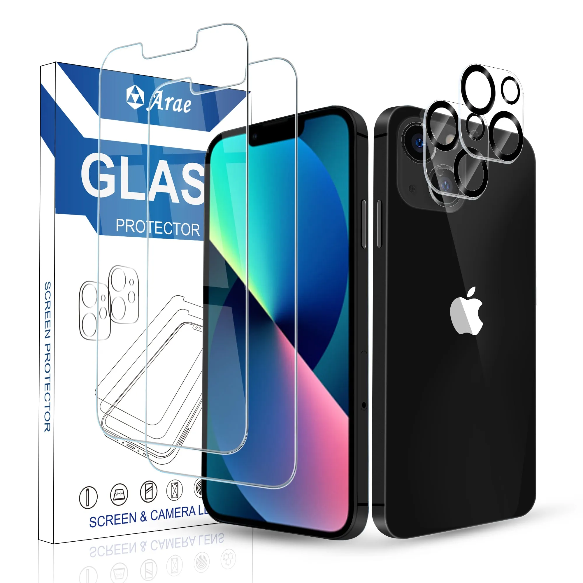 Arae 2 Pack Screen Protector  Screen Protector for iPhone 13/ 13 Pro and Pro Max   2 Pack Camera Lens Protector, HD Tempered Glass Anti Scratch Work with Most Case - 3 Pack