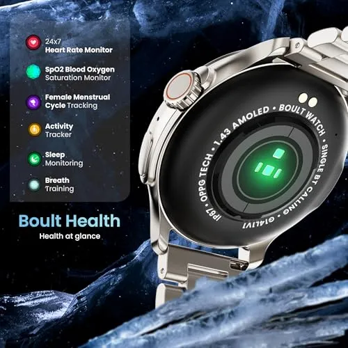 Boult Newly Launched Crown R Pro Smart Watch 1.43''HD AMOLED, Bluetooth Calling, Working Crown, Zinc Alloy Frame, 600 Nits Brightness, AI Voice Assistant, SpO2 Monitoring, 120  Sports Mode (Silver)