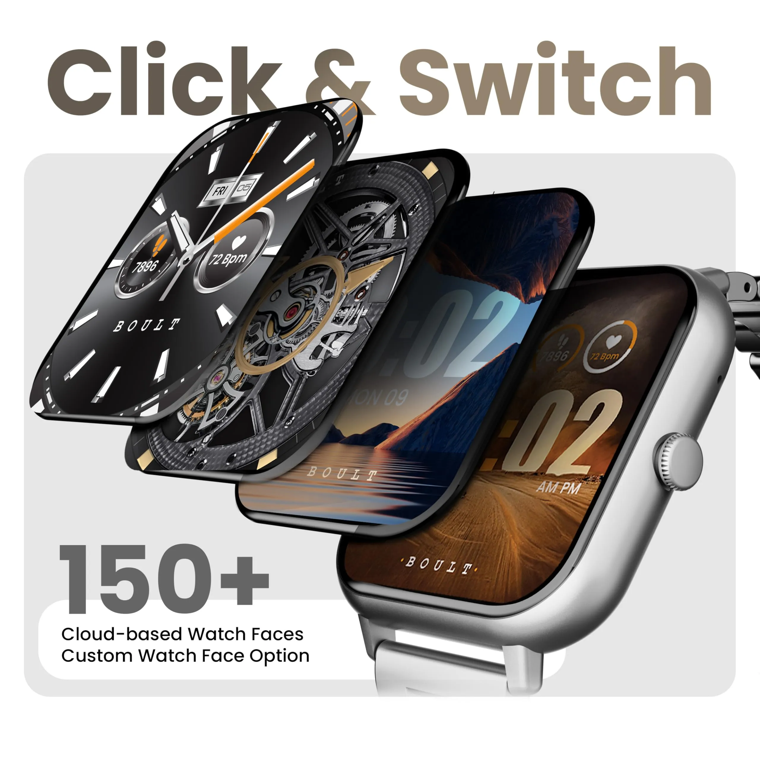 Boult Newly Launched Drift  Smart Watch 1.85''HD Screen, Bluetooth Calling, IP68, 500 Nits Brightness,150  Watchfaces, AI Voice Assistant, SpO2 Monitoring, 100  Sports Mode Smartwatch (Chrome)