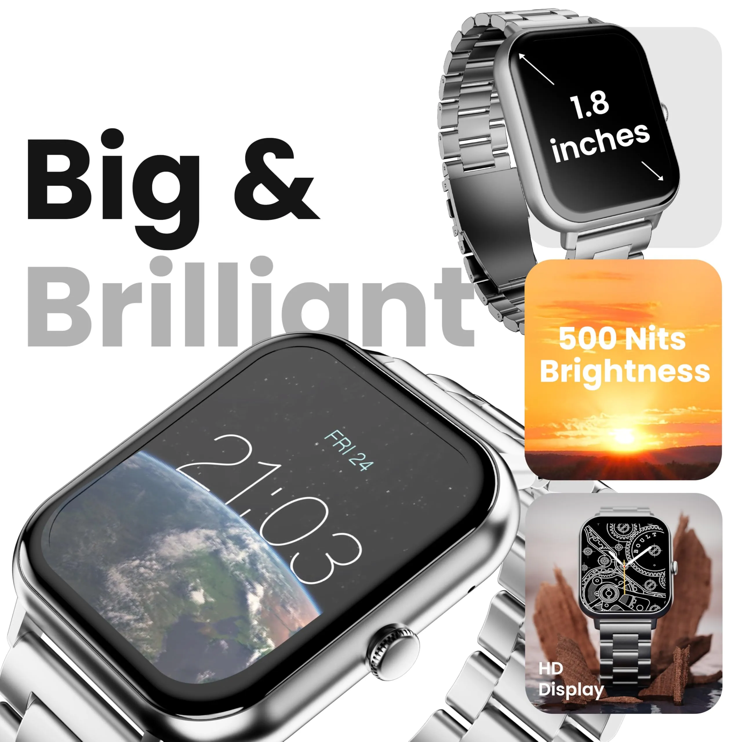 Boult Newly Launched Drift  Smart Watch 1.85''HD Screen, Bluetooth Calling, IP68, 500 Nits Brightness,150  Watchfaces, AI Voice Assistant, SpO2 Monitoring, 100  Sports Mode Smartwatch (Chrome)