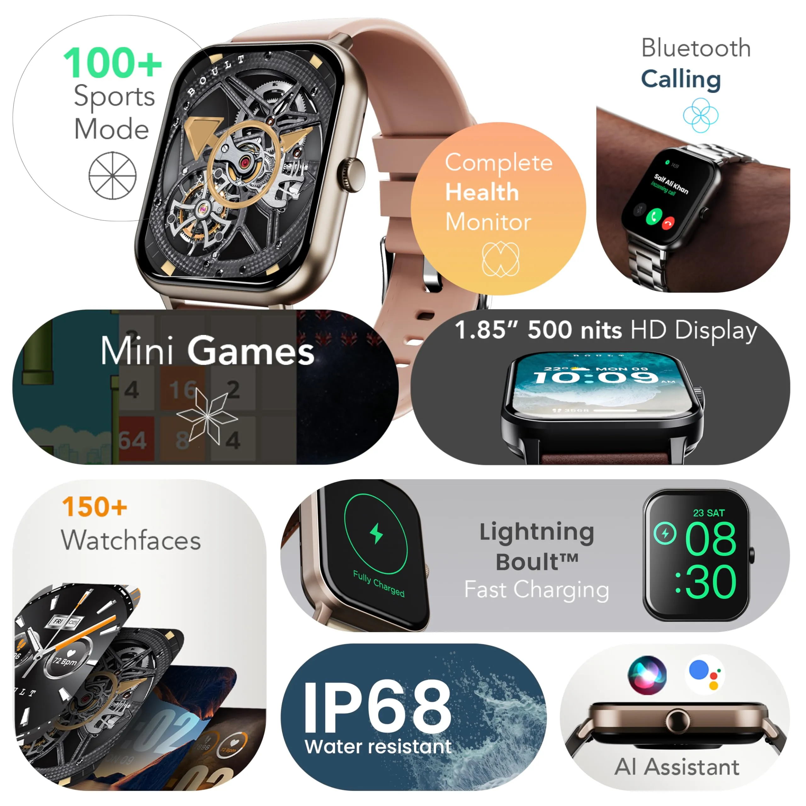 Boult Newly Launched Drift  Smart Watch 1.85''HD Screen, Bluetooth Calling, IP68, 500 Nits Brightness,150  Watchfaces, AI Voice Assistant, SpO2 Monitoring, 100  Sports Mode Smartwatch (Chrome)