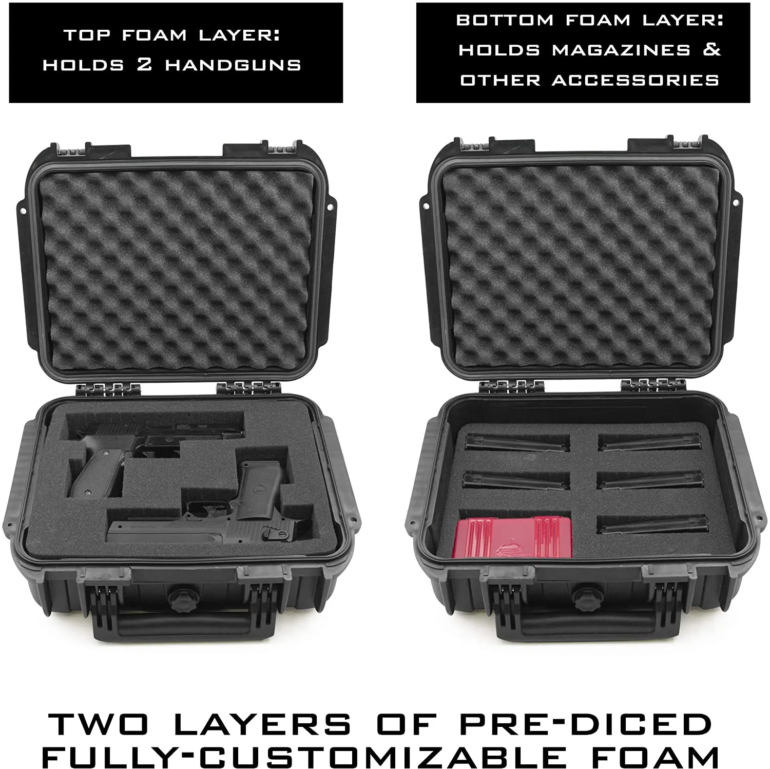 CASEMATIX 14" Two Gun Hard Case for 2 Handguns - Waterproof & Shockproof 2 Pistol Hard Case, Double Handgun Case with Accessory Storage