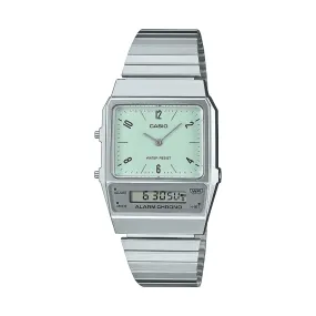 Casio Duo Retro Colour Dual Time Alarm StopwatchGreen Face Stainless Steel Band AQ800E-3A