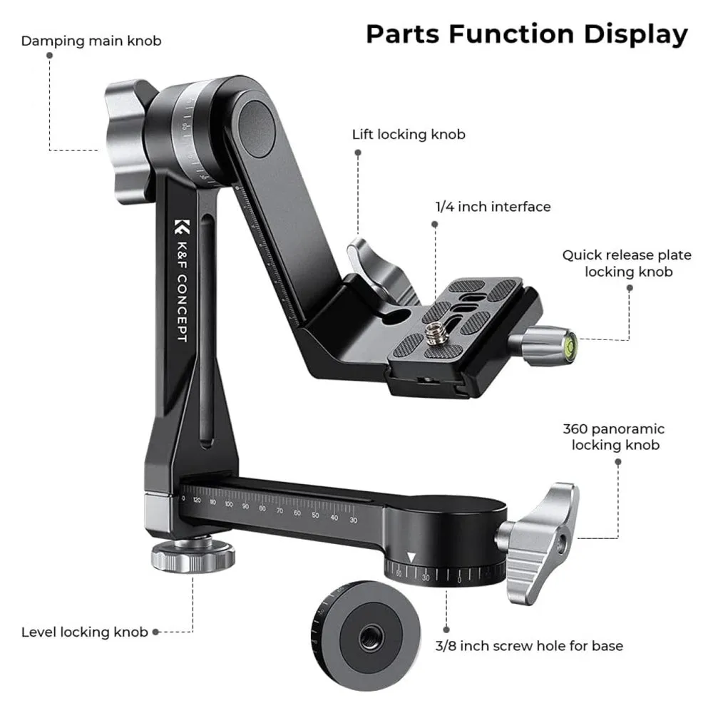 [CLEARANCE] K&F Concept Aluminum Cantilever Tripod Head with 1/4" Arca-Type Quick Release Plate, 20kg/44lbs Load Capacity, 180° Pitch Shooting Angle for DSLR/SLR, Mirrorless Camera | Photography Equipment