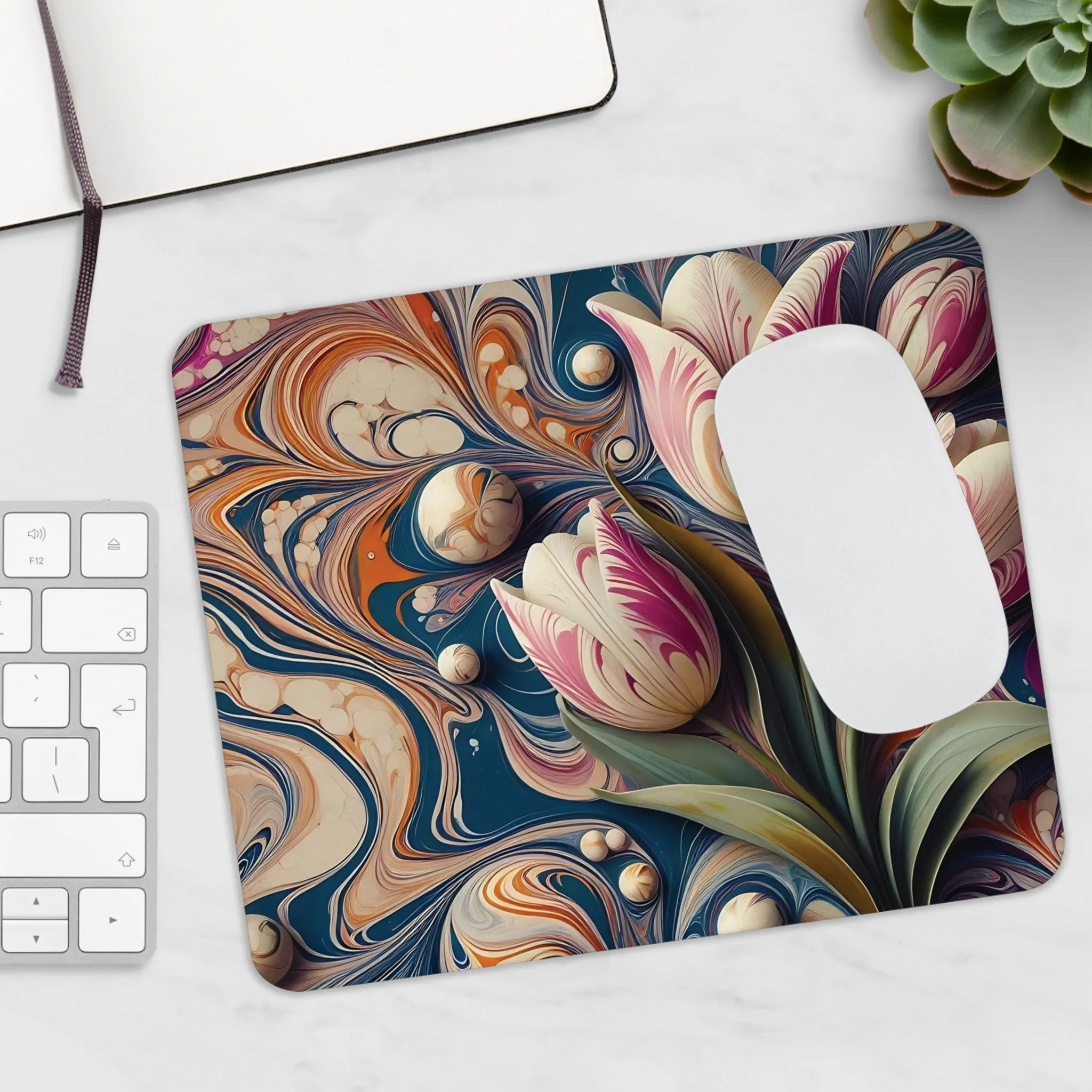 Colourful tulip patterned marbling art Mouse Pad (EU)