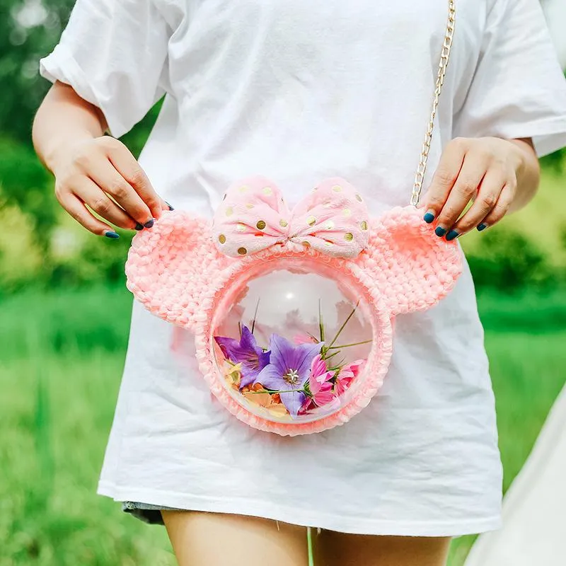 Cute Pink Crochet Mouse Backpack Mouse Pink Crochet Shoulder Bag for Girl Mouse Crochet Crossbody Purse