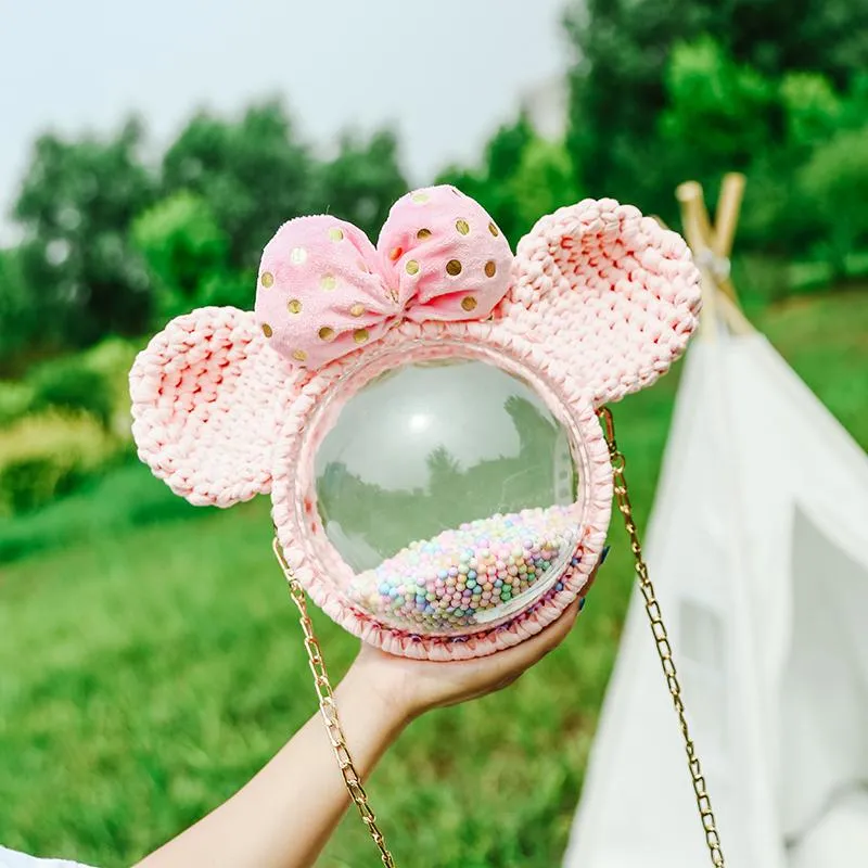 Cute Pink Crochet Mouse Backpack Mouse Pink Crochet Shoulder Bag for Girl Pink Mouse Crochet Crossbody Purse