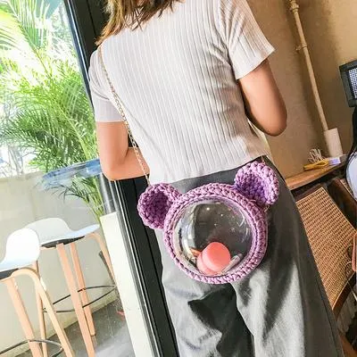 Cute Pink Crochet Mouse Backpack Mouse Pink Crochet Shoulder Bag for Girl Pink Mouse Crochet Crossbody Purse