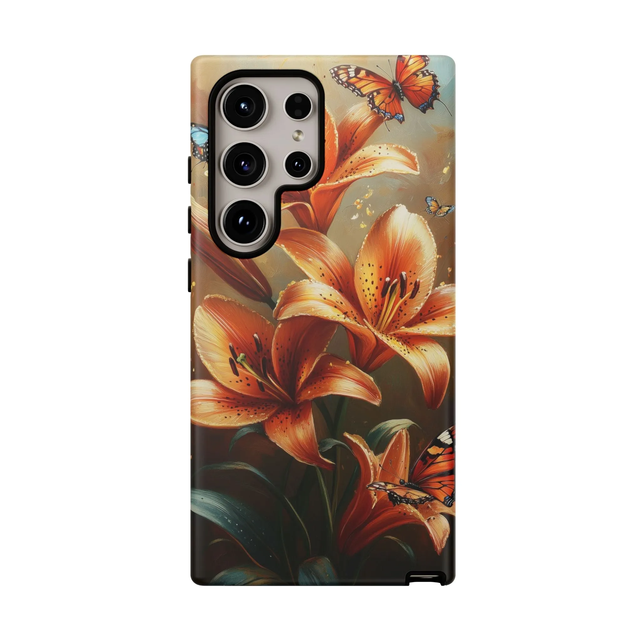 Cute Tiger Lily Tough Phone Case, Flowers Floral Butterfly iPhone 16 15 14 13 Pro Max 12 11 8 Plus X XR XS Galaxy S24 S23 S22 S21 Pixel