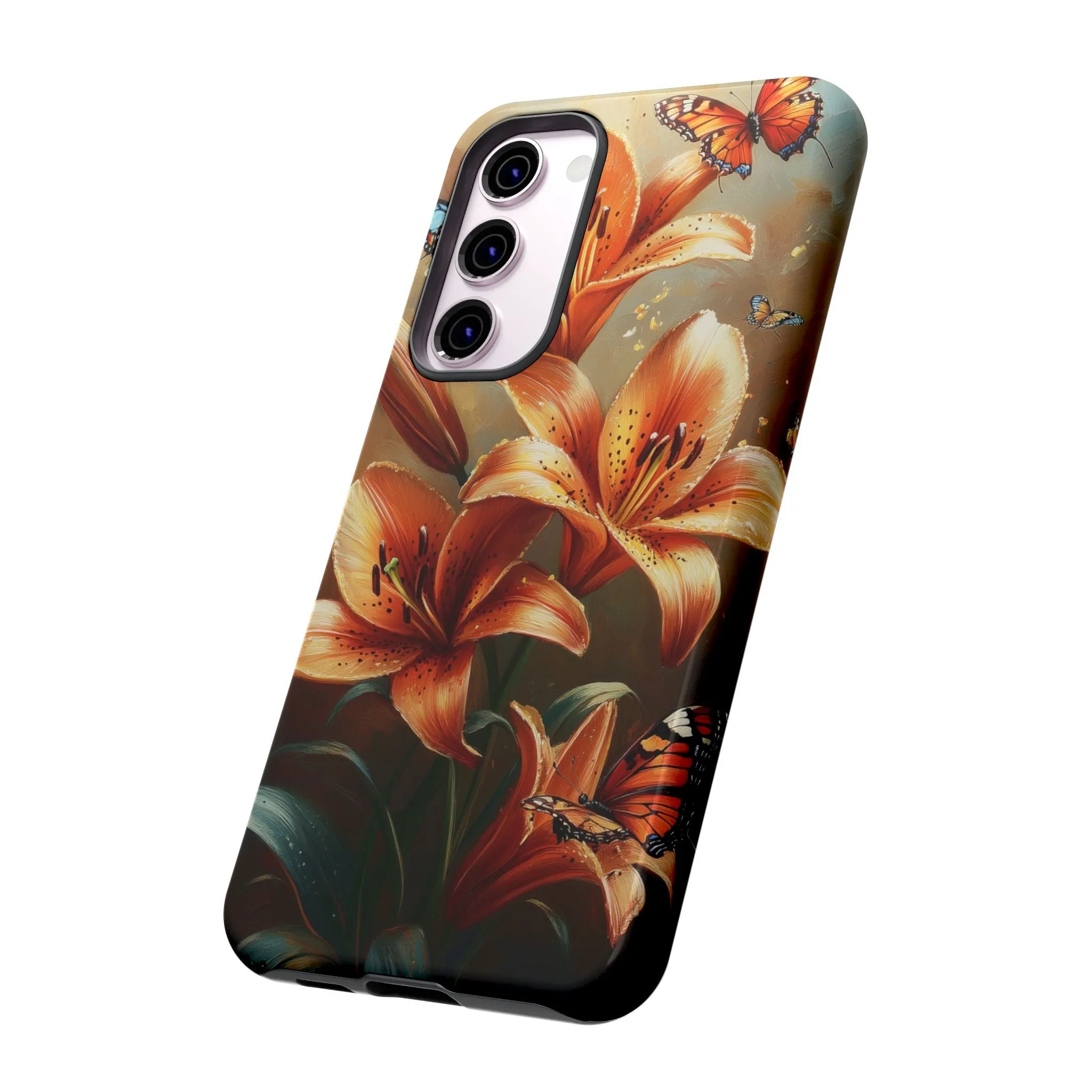 Cute Tiger Lily Tough Phone Case, Flowers Floral Butterfly iPhone 16 15 14 13 Pro Max 12 11 8 Plus X XR XS Galaxy S24 S23 S22 S21 Pixel