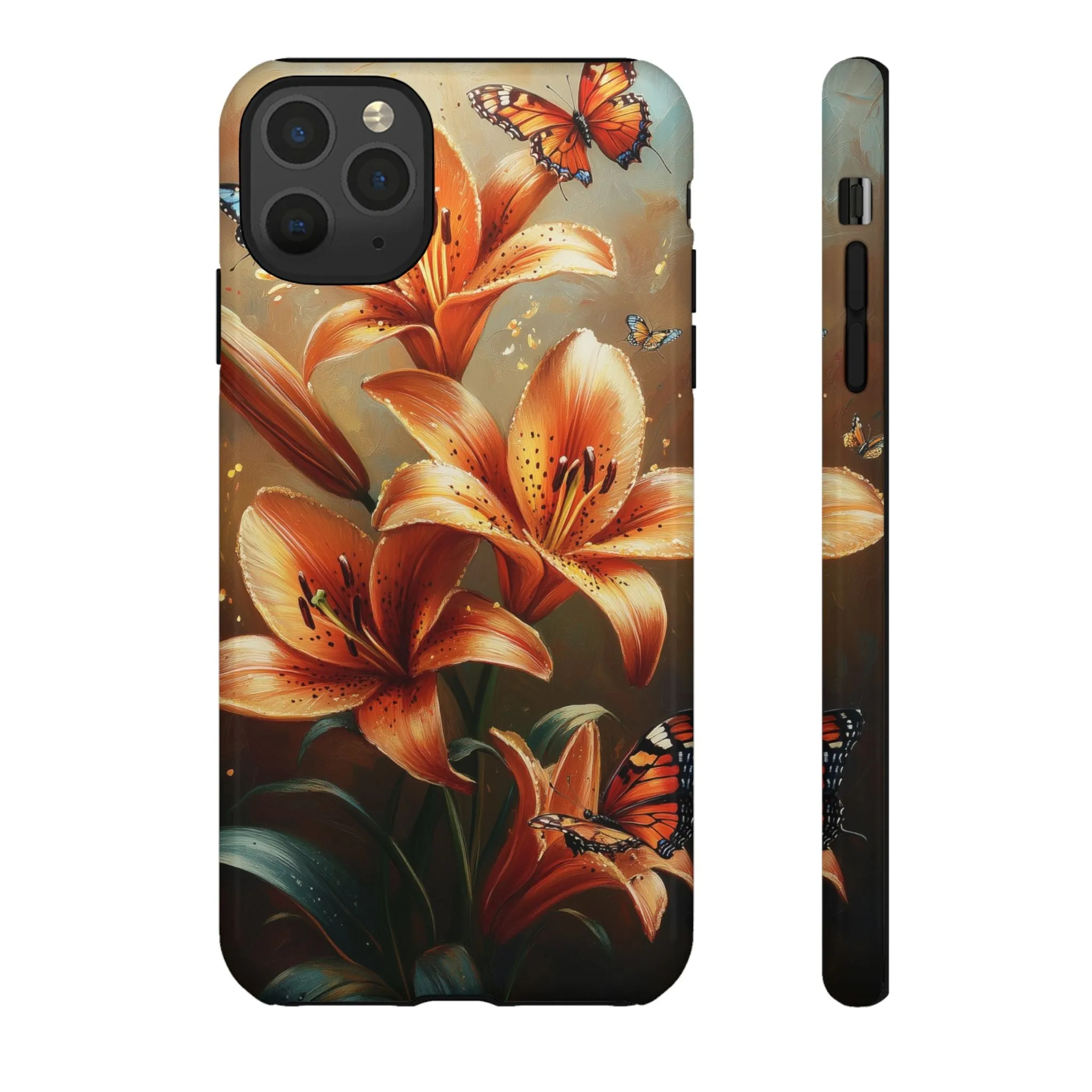 Cute Tiger Lily Tough Phone Case, Flowers Floral Butterfly iPhone 16 15 14 13 Pro Max 12 11 8 Plus X XR XS Galaxy S24 S23 S22 S21 Pixel