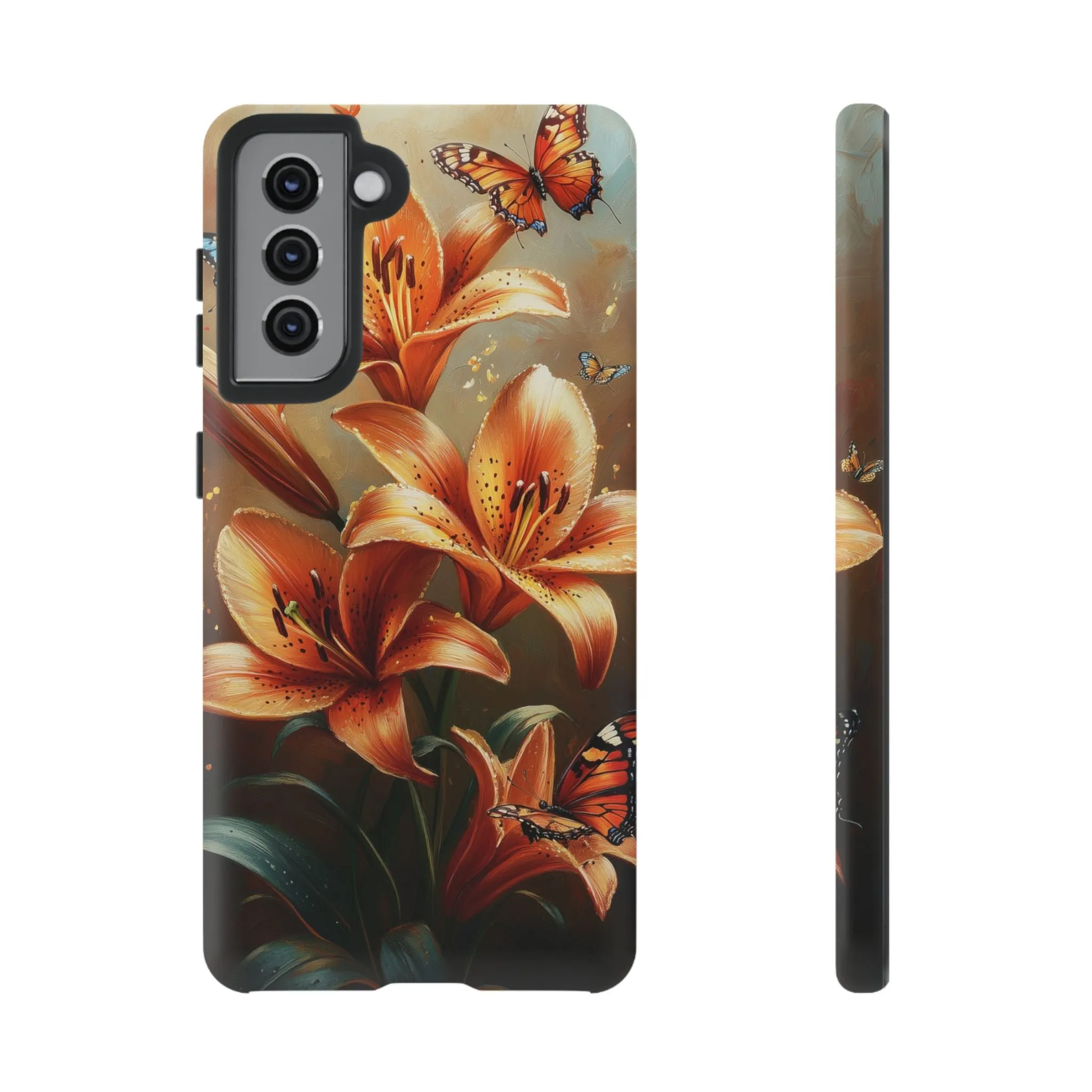 Cute Tiger Lily Tough Phone Case, Flowers Floral Butterfly iPhone 16 15 14 13 Pro Max 12 11 8 Plus X XR XS Galaxy S24 S23 S22 S21 Pixel