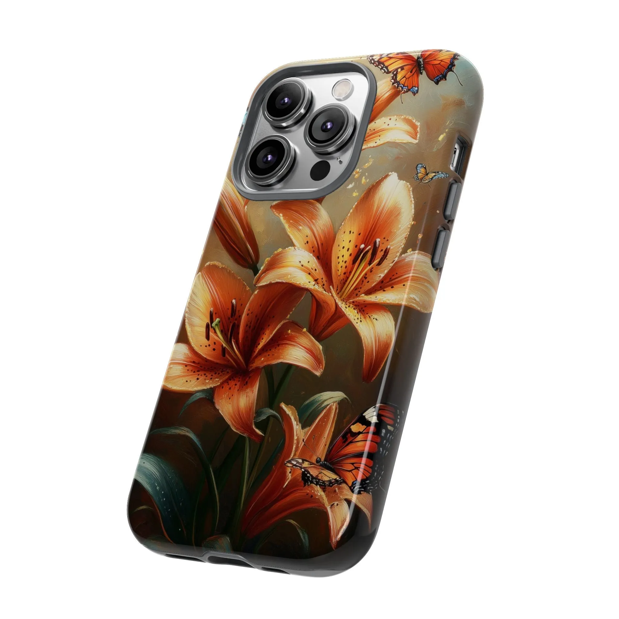 Cute Tiger Lily Tough Phone Case, Flowers Floral Butterfly iPhone 16 15 14 13 Pro Max 12 11 8 Plus X XR XS Galaxy S24 S23 S22 S21 Pixel