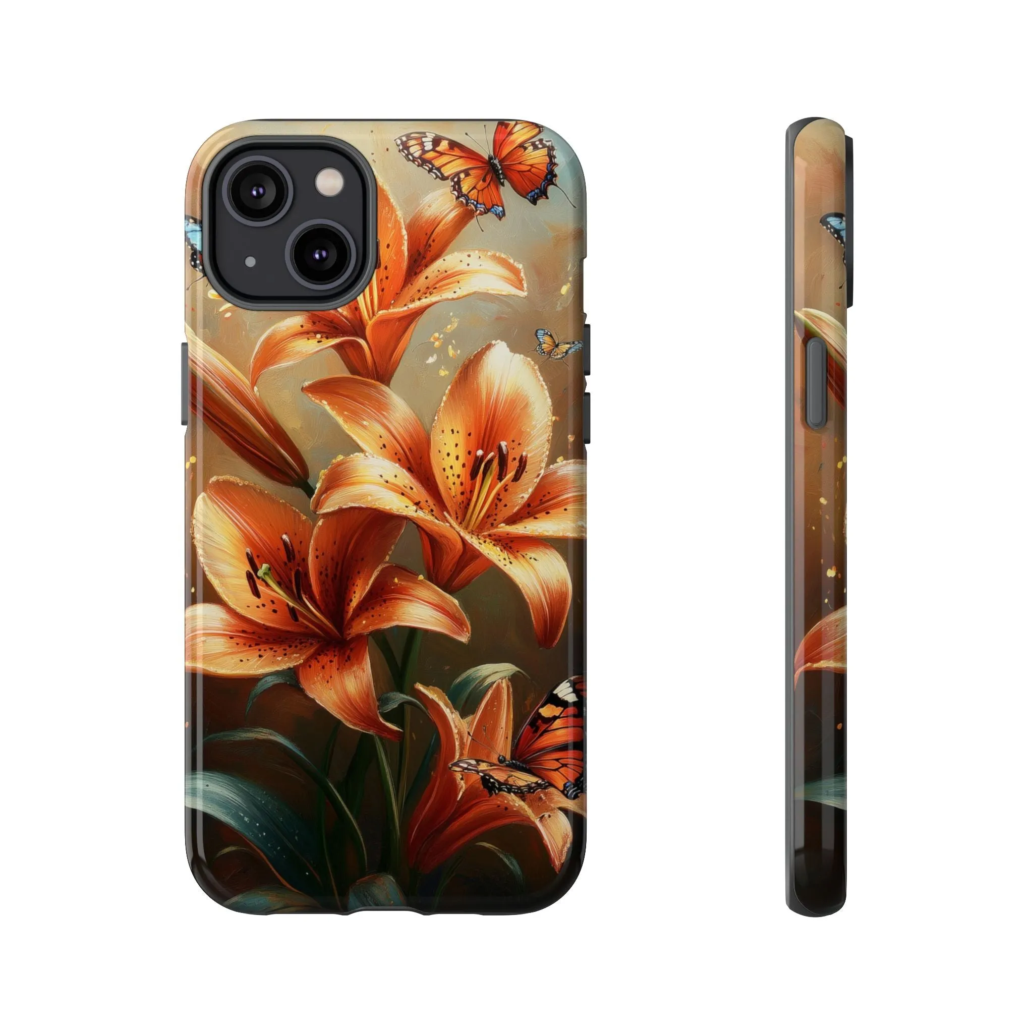 Cute Tiger Lily Tough Phone Case, Flowers Floral Butterfly iPhone 16 15 14 13 Pro Max 12 11 8 Plus X XR XS Galaxy S24 S23 S22 S21 Pixel