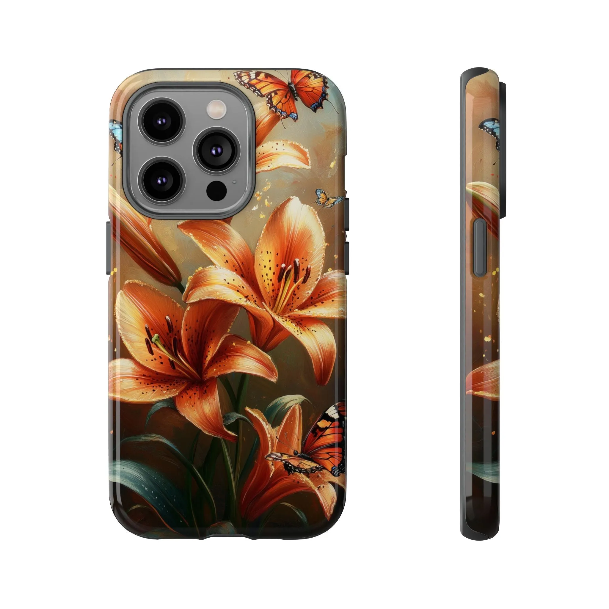 Cute Tiger Lily Tough Phone Case, Flowers Floral Butterfly iPhone 16 15 14 13 Pro Max 12 11 8 Plus X XR XS Galaxy S24 S23 S22 S21 Pixel