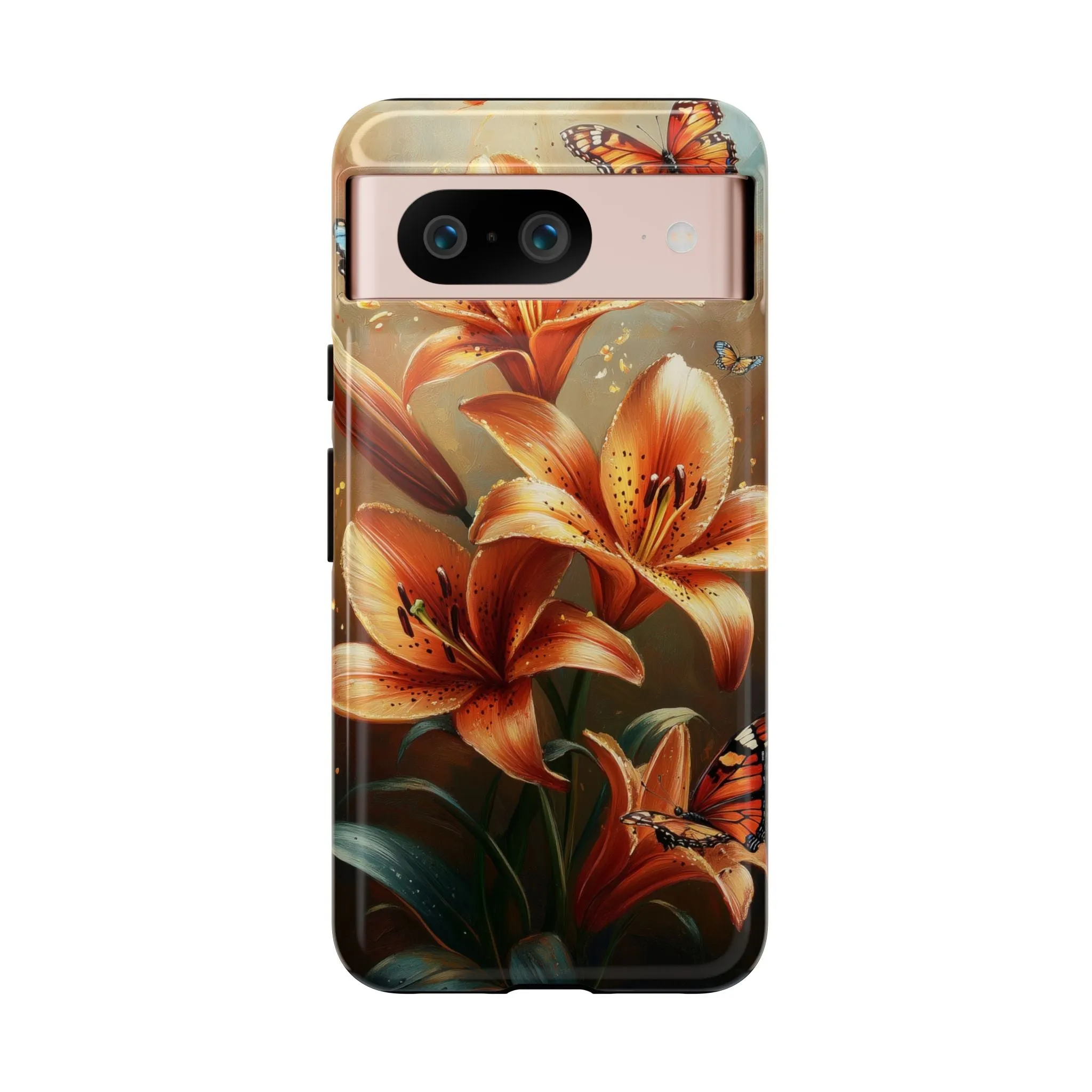 Cute Tiger Lily Tough Phone Case, Flowers Floral Butterfly iPhone 16 15 14 13 Pro Max 12 11 8 Plus X XR XS Galaxy S24 S23 S22 S21 Pixel