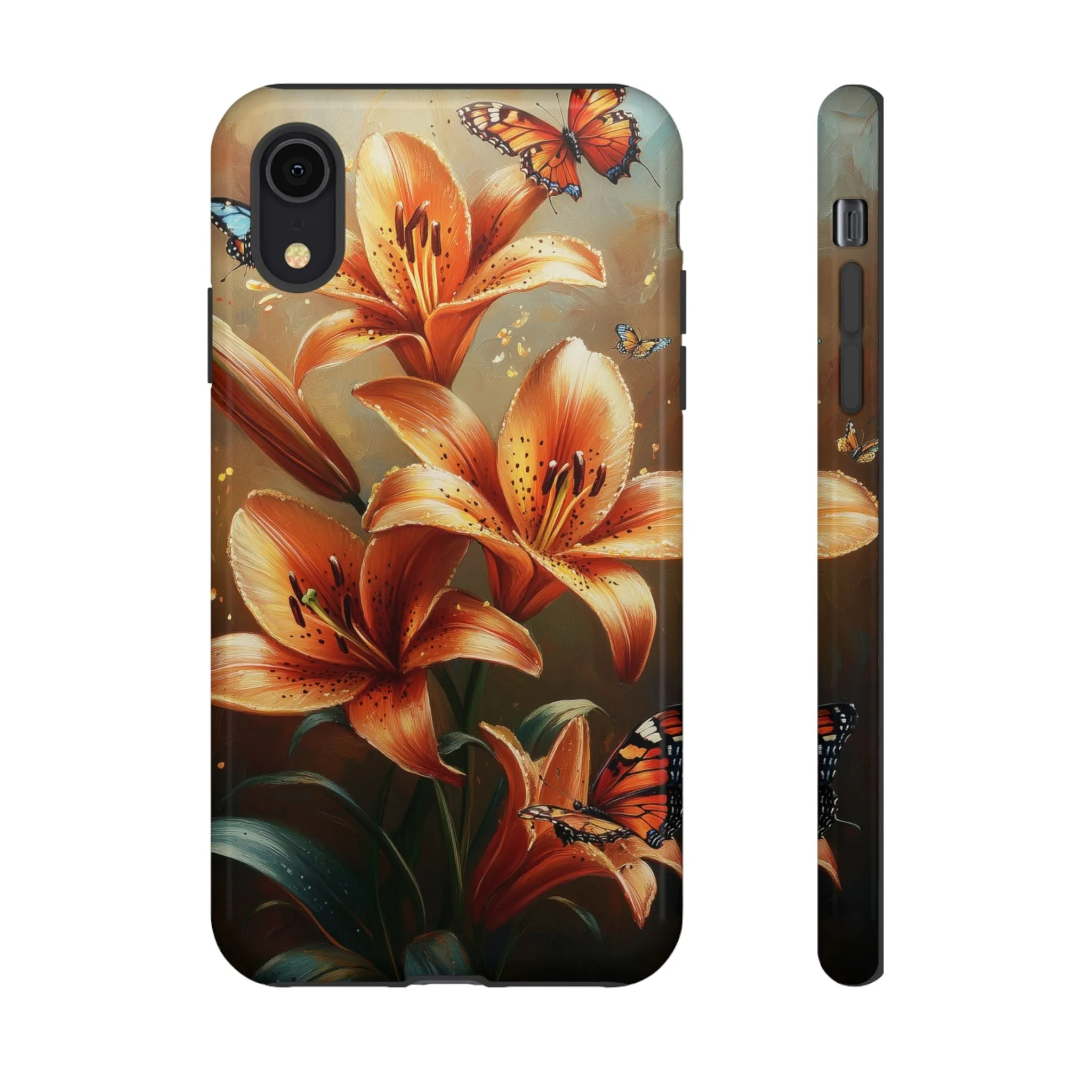 Cute Tiger Lily Tough Phone Case, Flowers Floral Butterfly iPhone 16 15 14 13 Pro Max 12 11 8 Plus X XR XS Galaxy S24 S23 S22 S21 Pixel