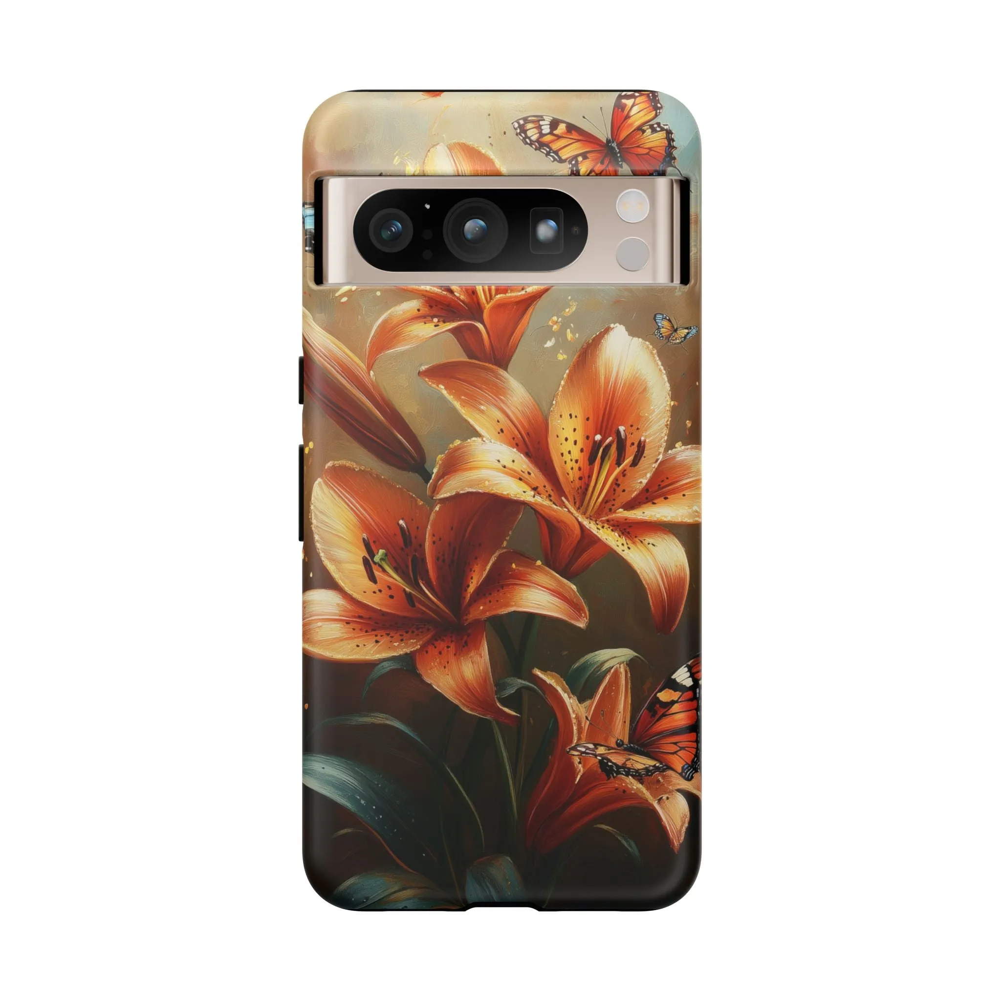 Cute Tiger Lily Tough Phone Case, Flowers Floral Butterfly iPhone 16 15 14 13 Pro Max 12 11 8 Plus X XR XS Galaxy S24 S23 S22 S21 Pixel