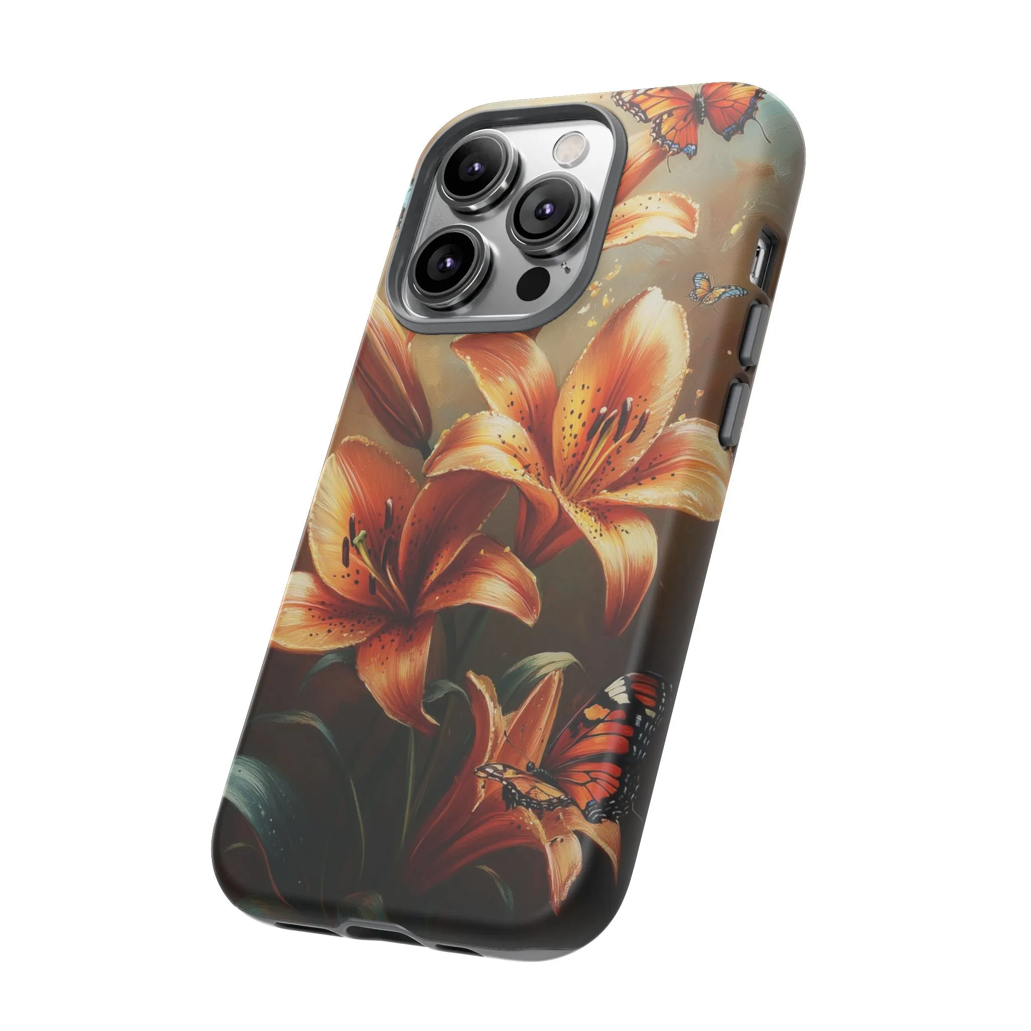 Cute Tiger Lily Tough Phone Case, Flowers Floral Butterfly iPhone 16 15 14 13 Pro Max 12 11 8 Plus X XR XS Galaxy S24 S23 S22 S21 Pixel