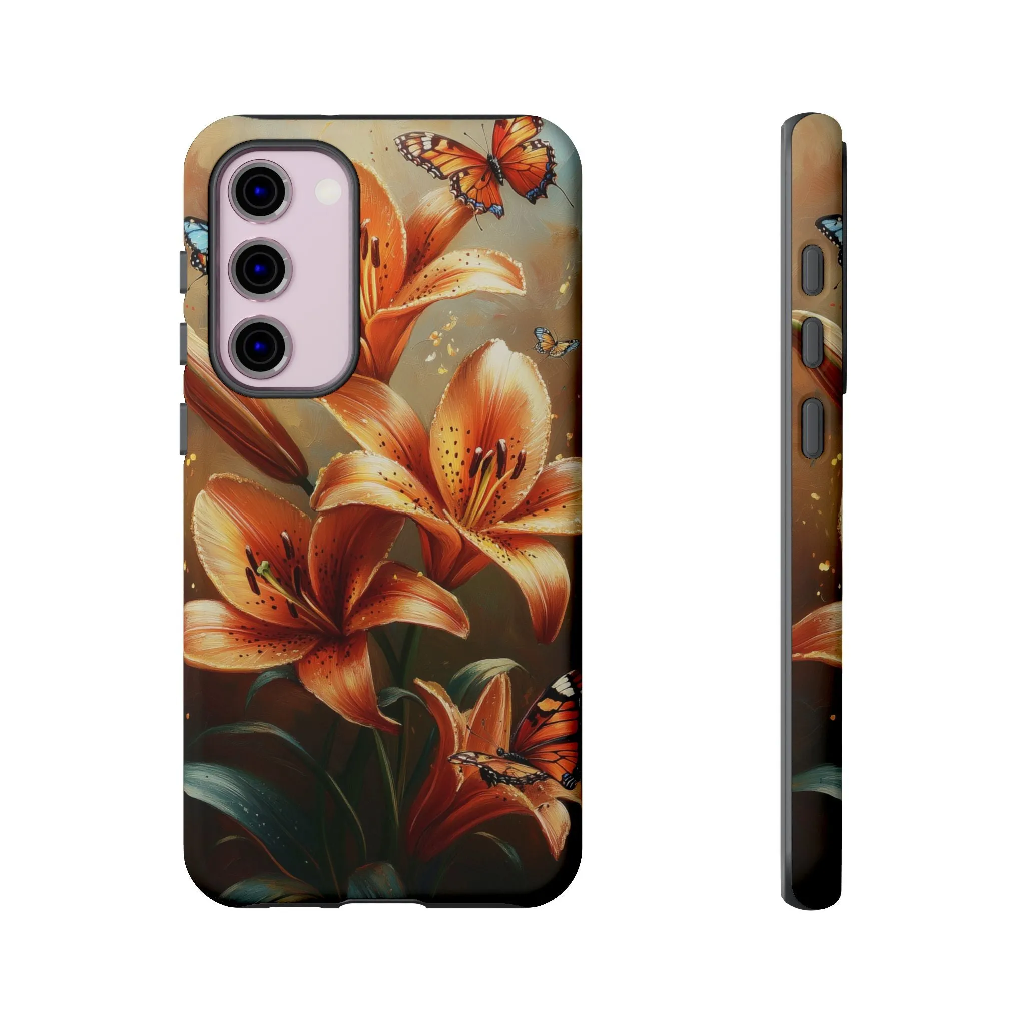 Cute Tiger Lily Tough Phone Case, Flowers Floral Butterfly iPhone 16 15 14 13 Pro Max 12 11 8 Plus X XR XS Galaxy S24 S23 S22 S21 Pixel