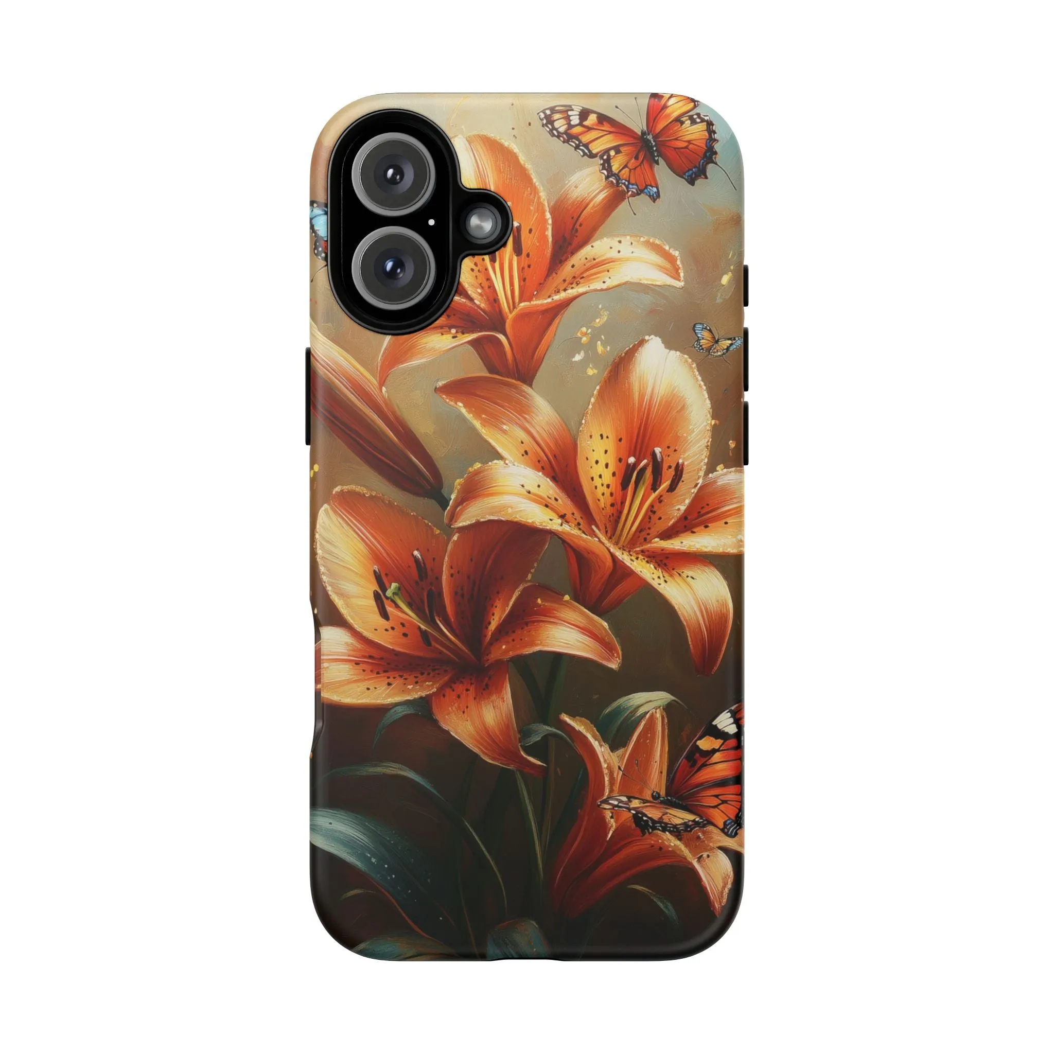 Cute Tiger Lily Tough Phone Case, Flowers Floral Butterfly iPhone 16 15 14 13 Pro Max 12 11 8 Plus X XR XS Galaxy S24 S23 S22 S21 Pixel