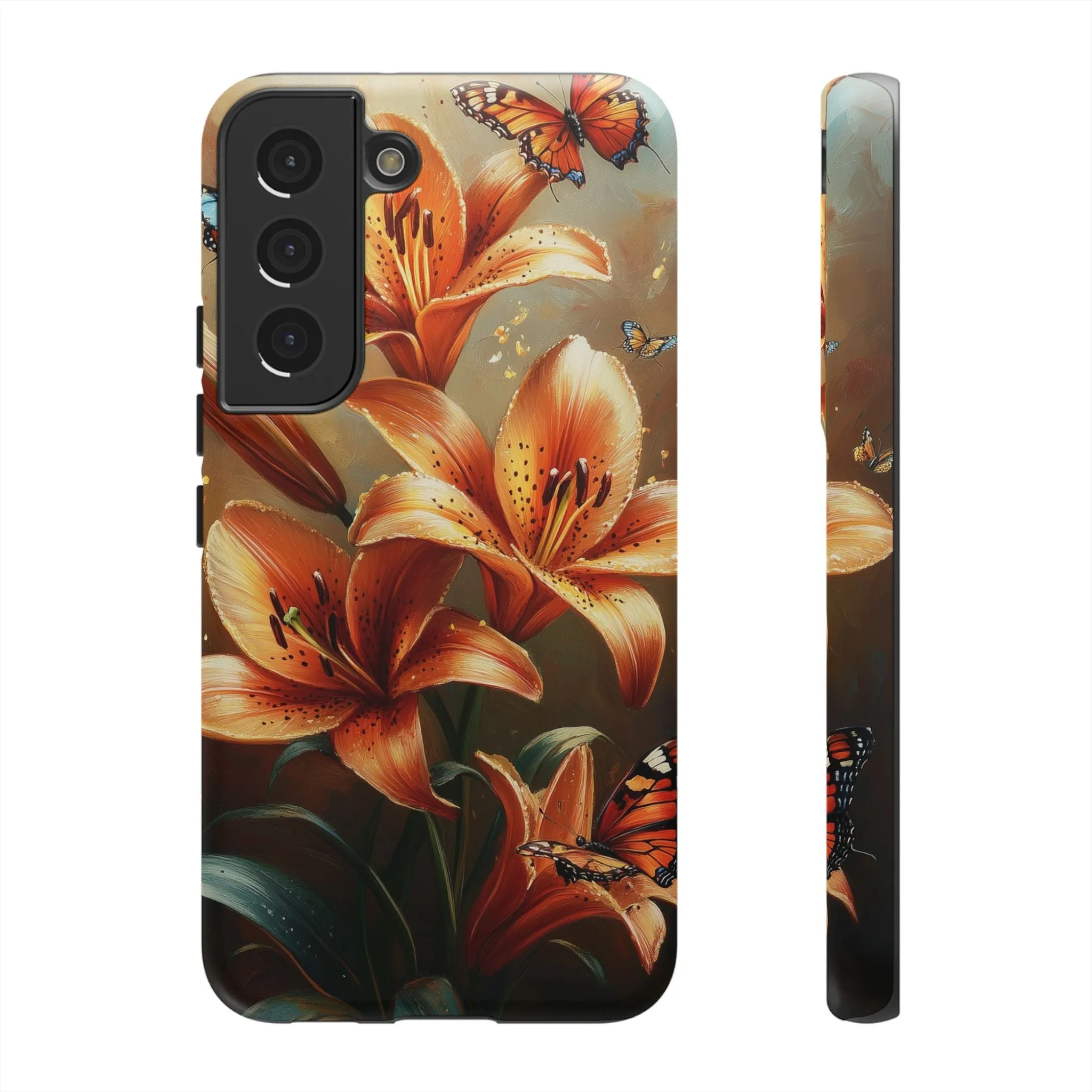 Cute Tiger Lily Tough Phone Case, Flowers Floral Butterfly iPhone 16 15 14 13 Pro Max 12 11 8 Plus X XR XS Galaxy S24 S23 S22 S21 Pixel