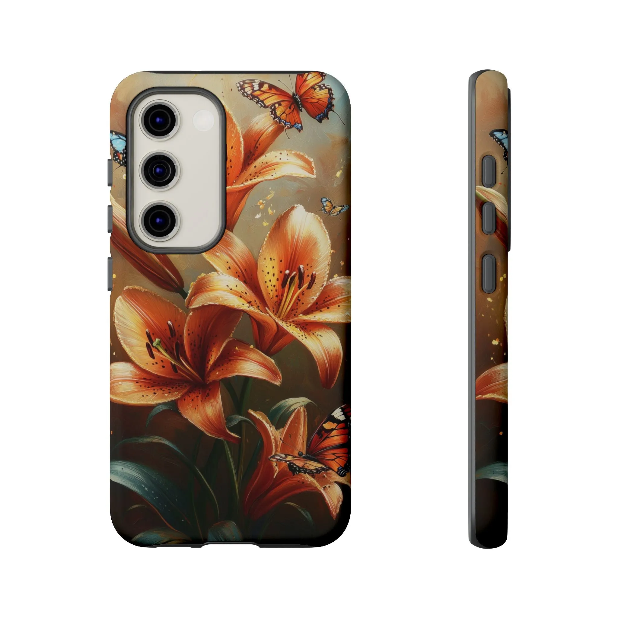 Cute Tiger Lily Tough Phone Case, Flowers Floral Butterfly iPhone 16 15 14 13 Pro Max 12 11 8 Plus X XR XS Galaxy S24 S23 S22 S21 Pixel