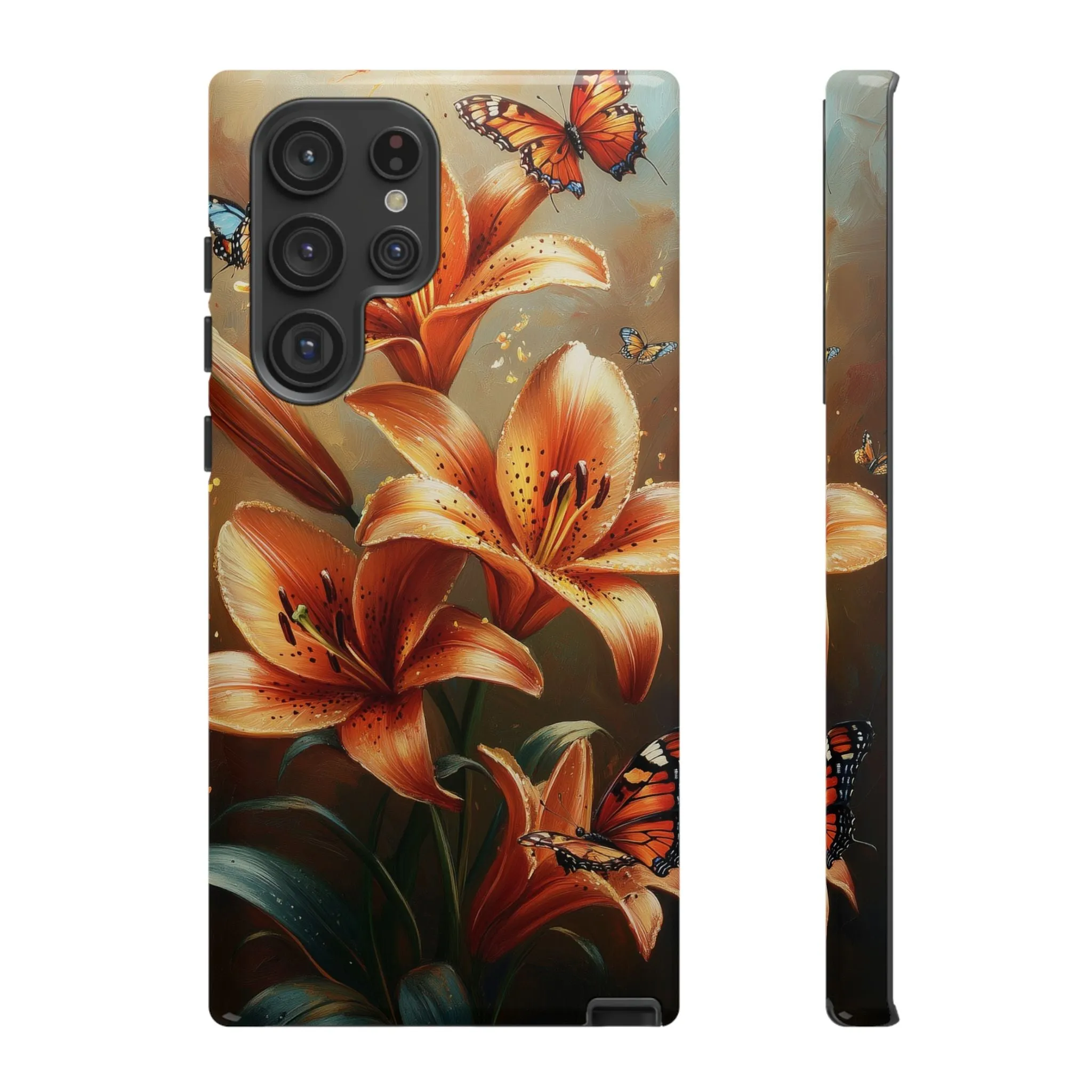 Cute Tiger Lily Tough Phone Case, Flowers Floral Butterfly iPhone 16 15 14 13 Pro Max 12 11 8 Plus X XR XS Galaxy S24 S23 S22 S21 Pixel