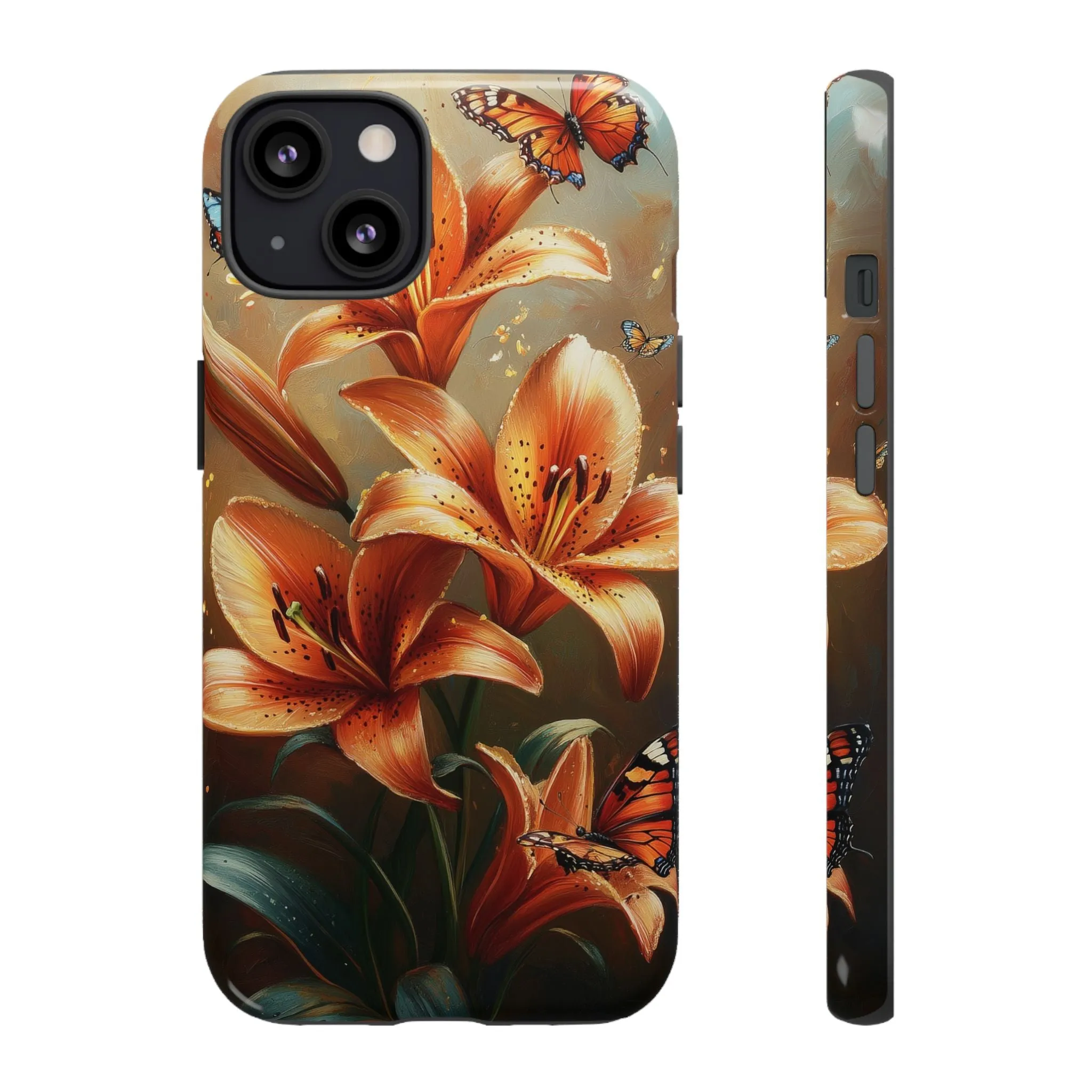 Cute Tiger Lily Tough Phone Case, Flowers Floral Butterfly iPhone 16 15 14 13 Pro Max 12 11 8 Plus X XR XS Galaxy S24 S23 S22 S21 Pixel