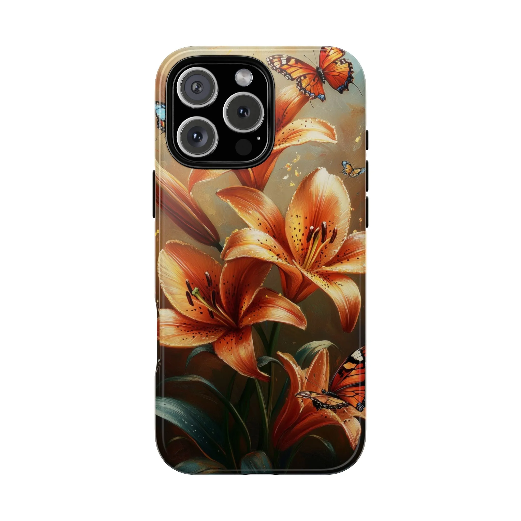 Cute Tiger Lily Tough Phone Case, Flowers Floral Butterfly iPhone 16 15 14 13 Pro Max 12 11 8 Plus X XR XS Galaxy S24 S23 S22 S21 Pixel