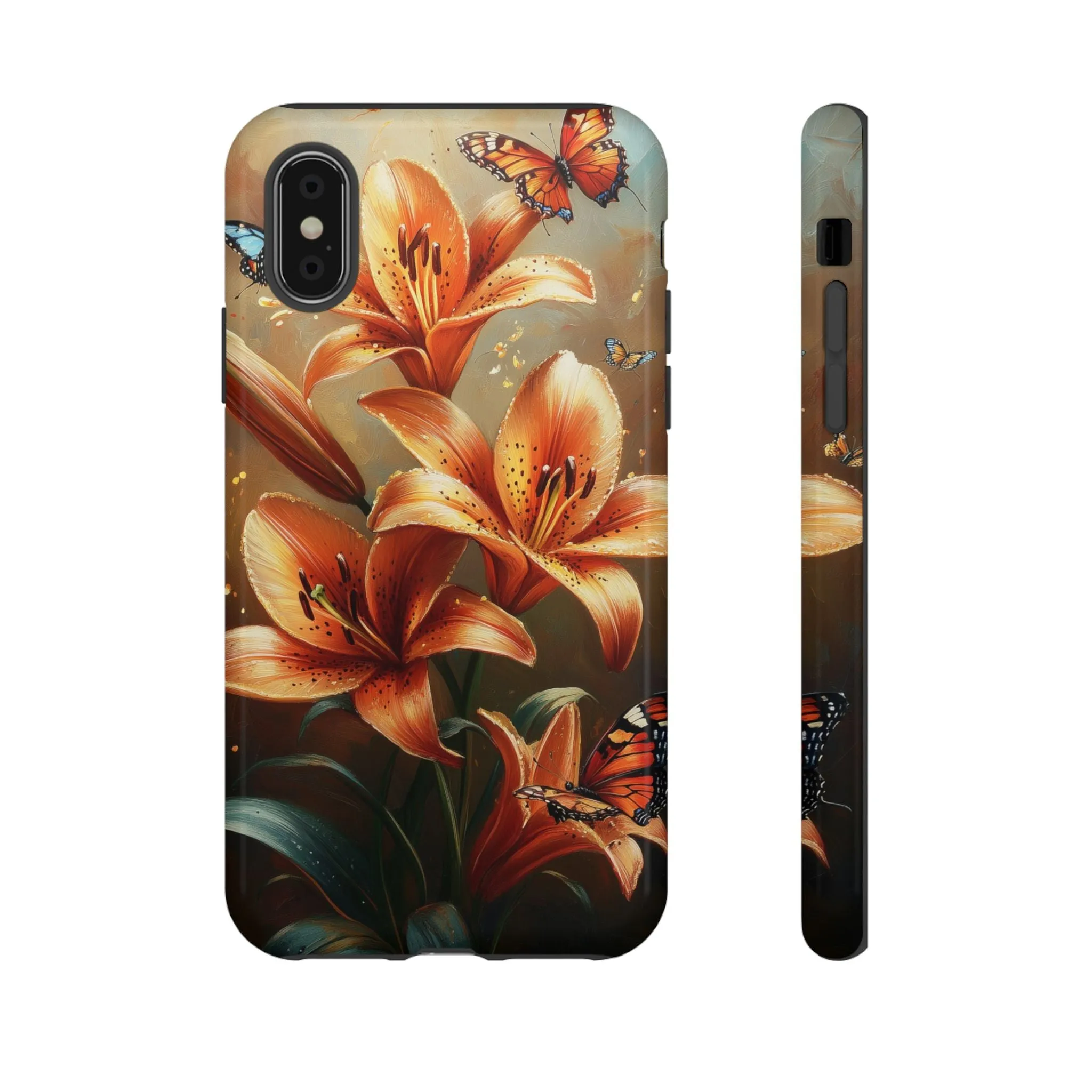 Cute Tiger Lily Tough Phone Case, Flowers Floral Butterfly iPhone 16 15 14 13 Pro Max 12 11 8 Plus X XR XS Galaxy S24 S23 S22 S21 Pixel