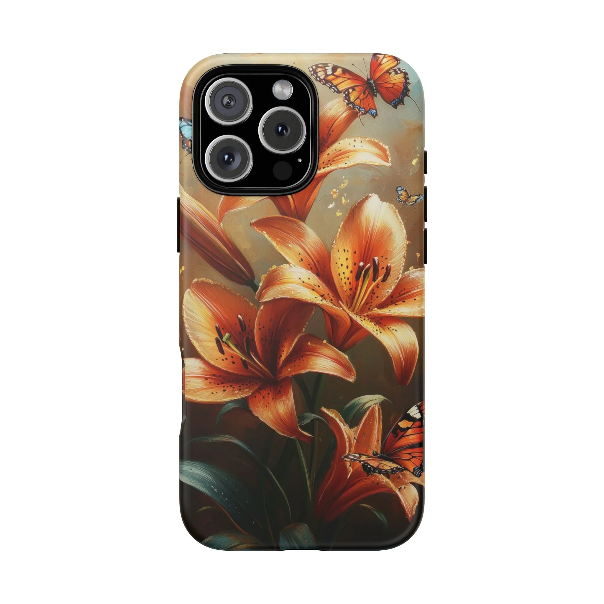 Cute Tiger Lily Tough Phone Case, Flowers Floral Butterfly iPhone 16 15 14 13 Pro Max 12 11 8 Plus X XR XS Galaxy S24 S23 S22 S21 Pixel