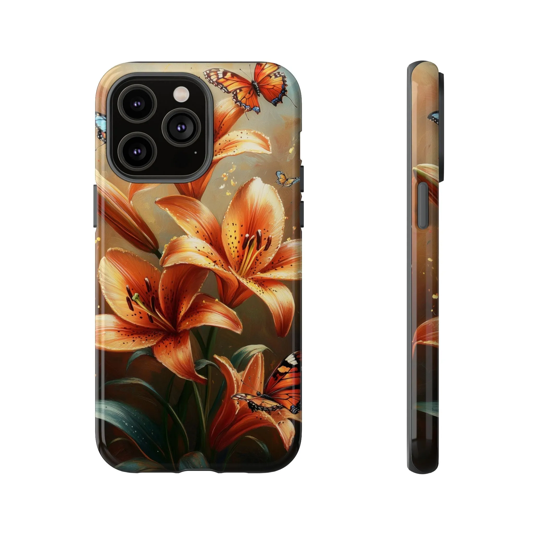 Cute Tiger Lily Tough Phone Case, Flowers Floral Butterfly iPhone 16 15 14 13 Pro Max 12 11 8 Plus X XR XS Galaxy S24 S23 S22 S21 Pixel