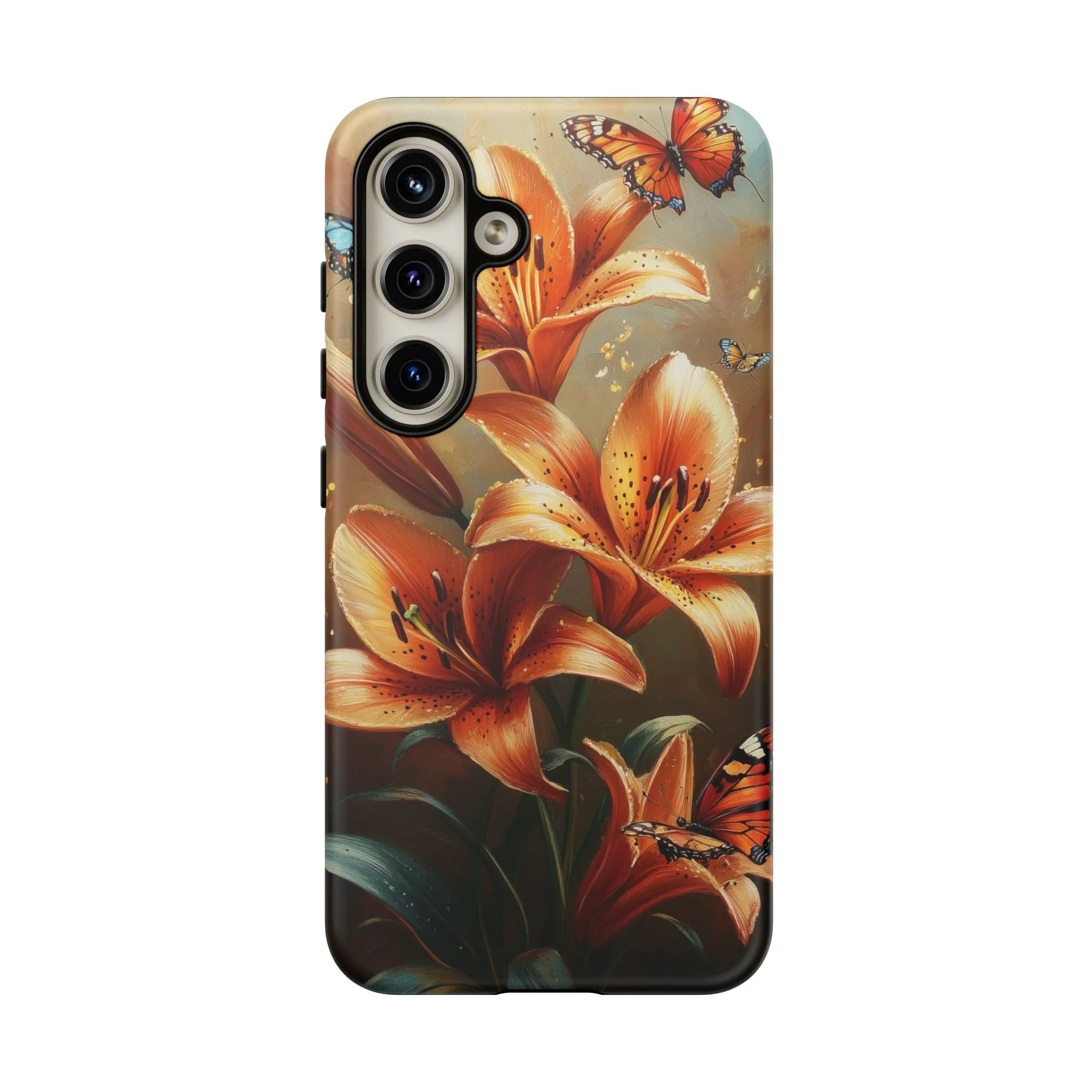 Cute Tiger Lily Tough Phone Case, Flowers Floral Butterfly iPhone 16 15 14 13 Pro Max 12 11 8 Plus X XR XS Galaxy S24 S23 S22 S21 Pixel