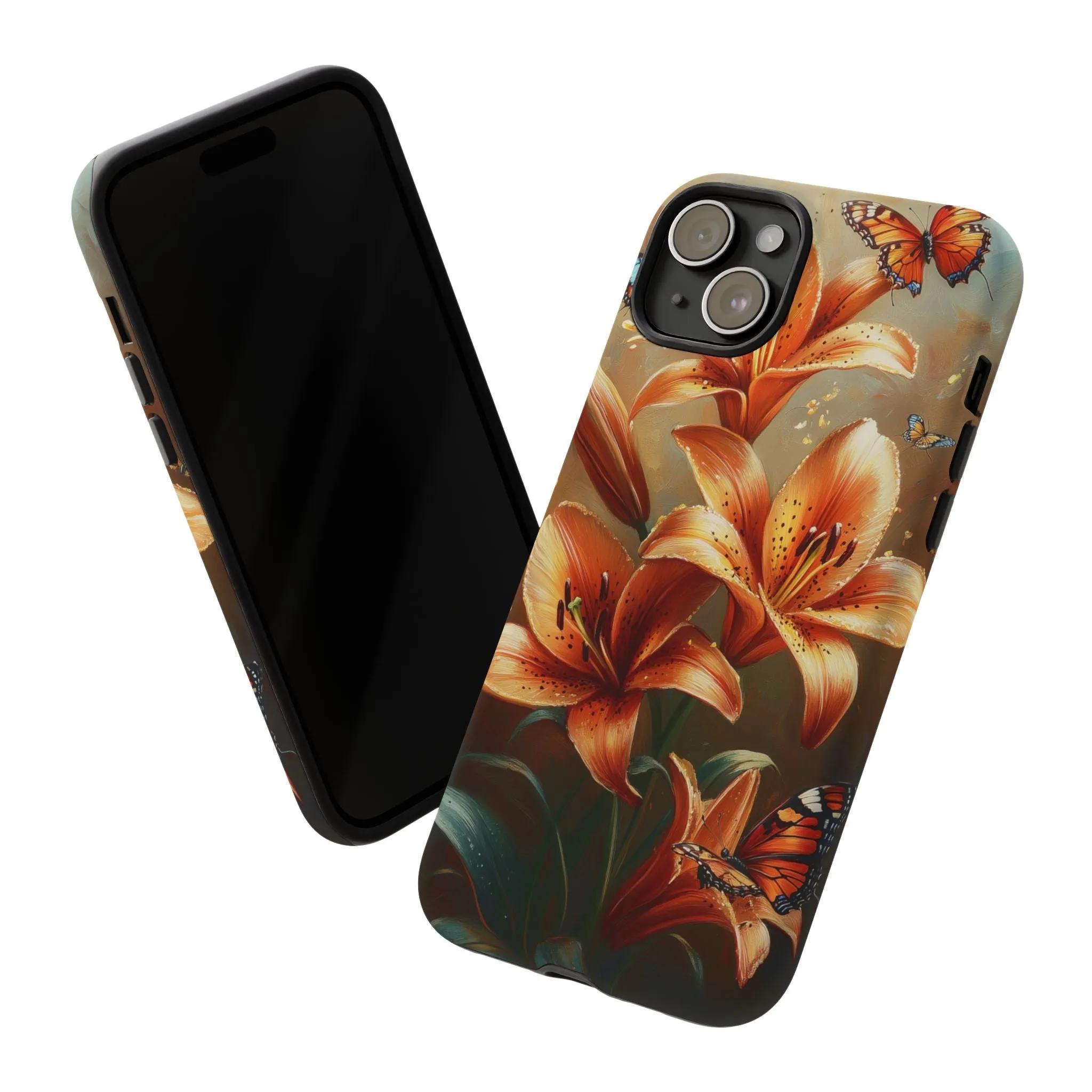 Cute Tiger Lily Tough Phone Case, Flowers Floral Butterfly iPhone 16 15 14 13 Pro Max 12 11 8 Plus X XR XS Galaxy S24 S23 S22 S21 Pixel