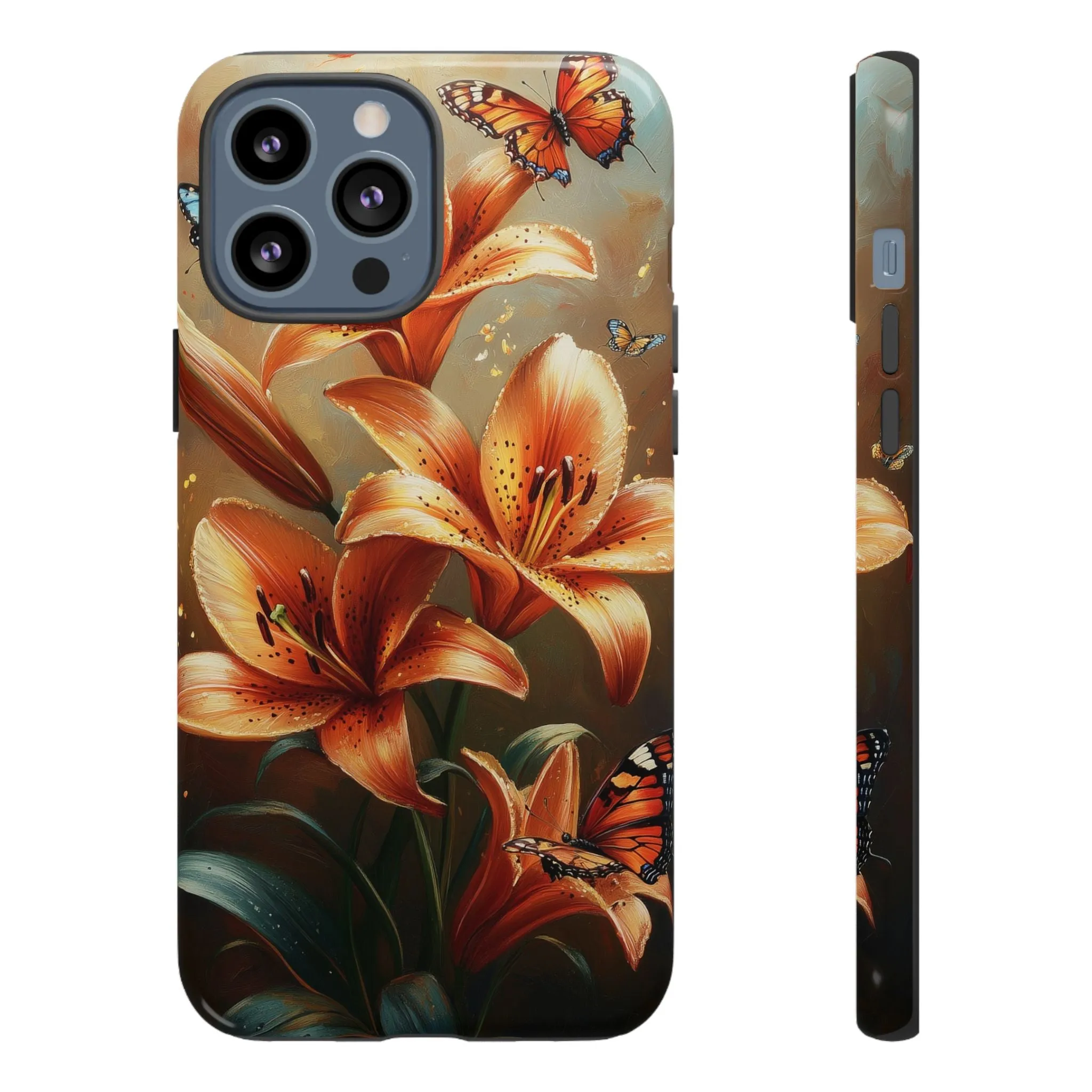 Cute Tiger Lily Tough Phone Case, Flowers Floral Butterfly iPhone 16 15 14 13 Pro Max 12 11 8 Plus X XR XS Galaxy S24 S23 S22 S21 Pixel