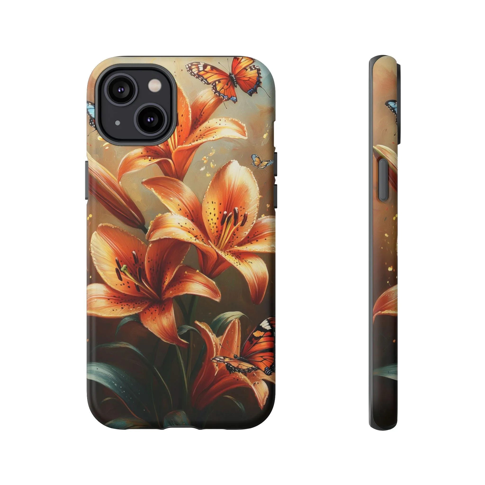 Cute Tiger Lily Tough Phone Case, Flowers Floral Butterfly iPhone 16 15 14 13 Pro Max 12 11 8 Plus X XR XS Galaxy S24 S23 S22 S21 Pixel